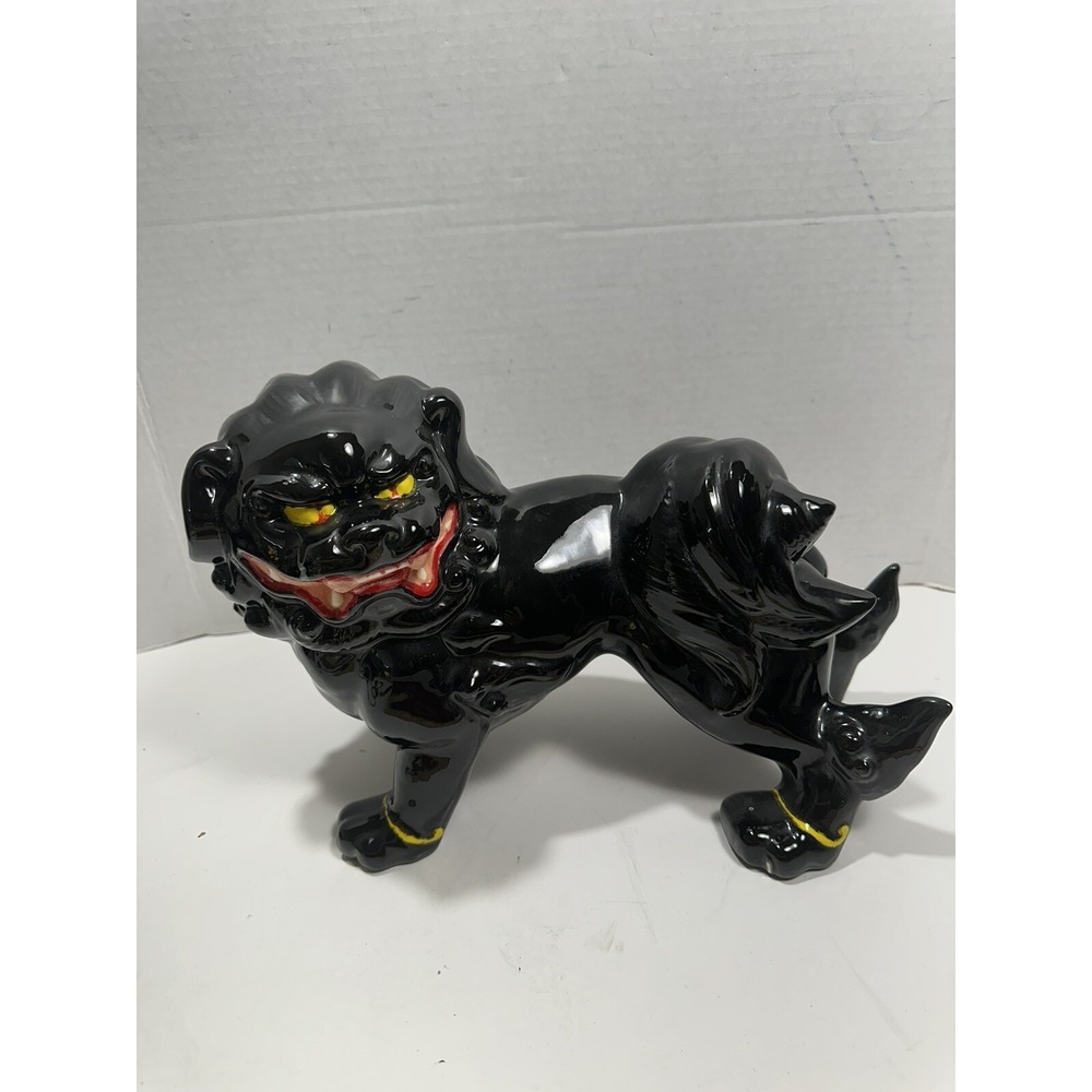 Chinese Foo Dog Lion Figure Sculpture Black‎ Glossy Signed KEN Vintage Ceramic